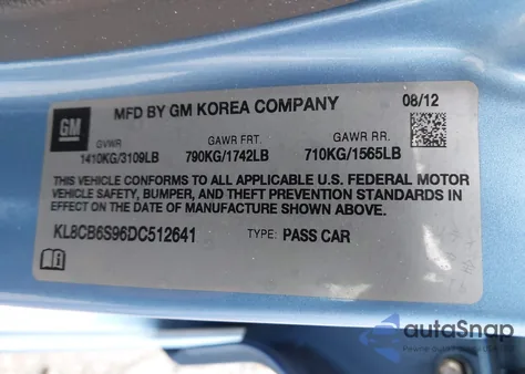 2013 Chevrolet Spark Ls Auto from USA, damaged, VIN KL8CB6S96DC512641